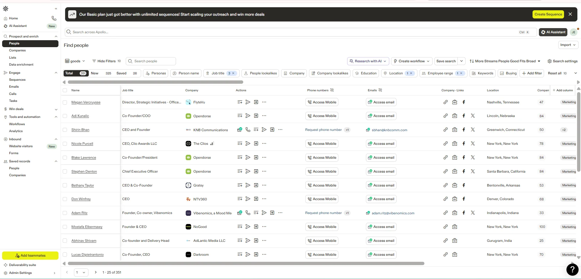 Apollo B2B Lead Generation Dashboard Screen